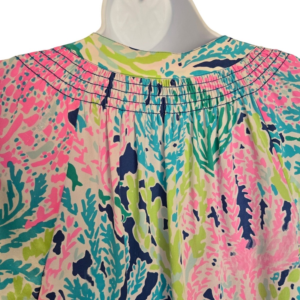 Lilly Pulitzer Pink Blue Coral Print Silk Blouse Sz S Resort Preppy Coastal Chic - Picture 6 of 10